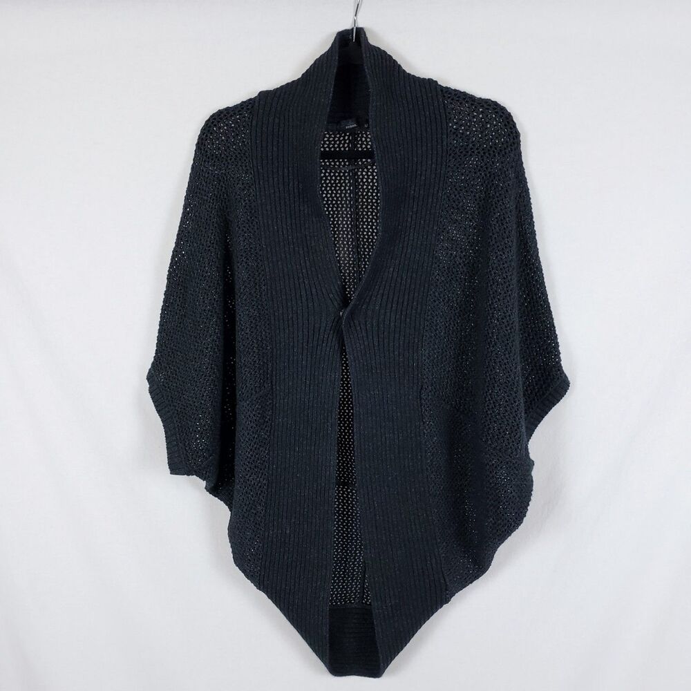 Prana Open Knit Poncho Cardigan Womens M Snap Button Shawl Collar Boho Beach - Picture 2 of 8